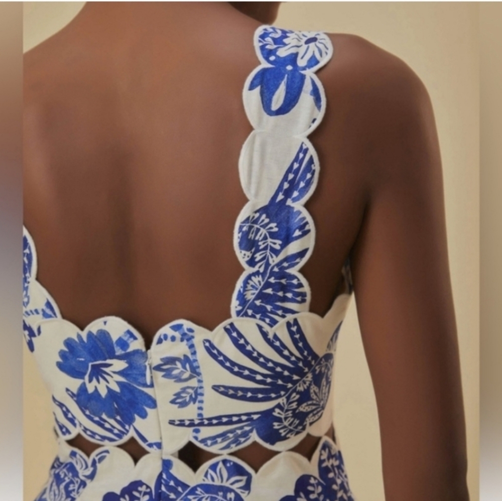 FARM Rio Flowerful Birds White Midi Dress with Blue Floral Print - Picture 3 of 6